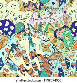 Tracery seamless pattern. Mehndi design. Ethnic colorful doodle texture. Curved doodling background. Vector