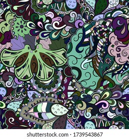 Tracery seamless pattern. Mehndi design. Ethnic colorful doodle texture. Curved doodling background. Vector