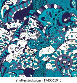 Tracery seamless pattern. Mehndi design. Ethnic colorful doodle texture. Curved doodling background. Vector