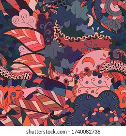 Tracery seamless pattern. Mehndi design. Ethnic colorful doodle texture. Curved doodling background. Vector