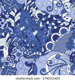 Tracery seamless pattern. Mehndi design. Ethnic colorful doodle texture. Curved doodling background. Vector