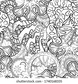 Tracery seamless pattern. Mehndi design. Ethnic monochrome binary doodle texture. Curved doodling black and white background. Vector