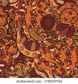 Tracery seamless pattern. Mehndi design. Ethnic colorful doodle texture. Curved doodling background. Vector