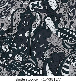 Tracery seamless pattern. Mehndi design. Ethnic colorful doodle texture. Curved doodling background. Vector
