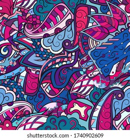 Tracery seamless pattern. Mehndi design. Ethnic colorful doodle texture. Curved doodling background. Vector