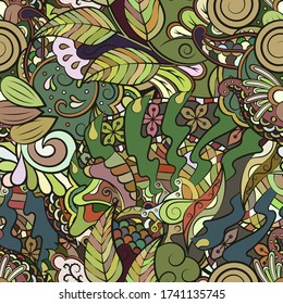 Tracery seamless pattern. Mehndi design. Ethnic colorful doodle texture. Curved doodling background. Vector