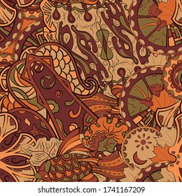 Tracery seamless pattern. Mehndi design. Ethnic colorful doodle texture. Curved doodling background. Vector