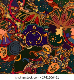 Tracery seamless pattern. Mehndi design. Ethnic colorful doodle texture. Curved doodling background. Vector