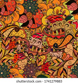 Tracery seamless pattern. Mehndi design. Ethnic colorful doodle texture. Curved doodling background. Vector