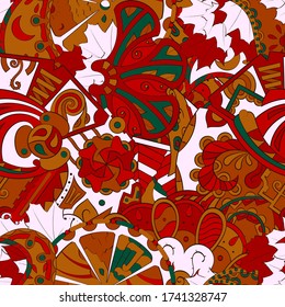 Tracery seamless pattern. Mehndi design. Ethnic colorful doodle texture. Curved doodling background. Vector