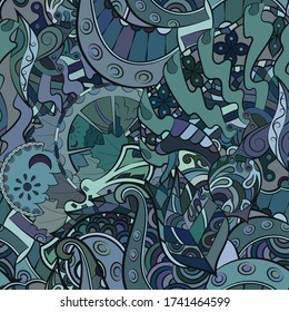 Tracery seamless pattern. Mehndi design. Ethnic colorful doodle texture. Curved doodling background. Vector