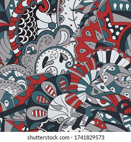 Tracery seamless pattern. Mehndi design. Ethnic colorful doodle texture. Curved doodling background. Vector