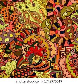 Tracery seamless pattern. Mehndi design. Ethnic colorful doodle texture. Curved doodling background. Vector