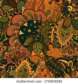 Tracery seamless pattern. Mehndi design. Ethnic colorful doodle texture. Curved doodling background. Vector