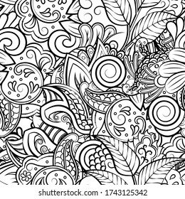 Tracery seamless pattern. Mehndi design. Ethnic monochrome binary doodle texture. Curved doodling black and white background. Vector