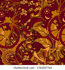 Tracery seamless pattern. Mehndi design. Ethnic colorful doodle texture. Curved doodling background. Vector