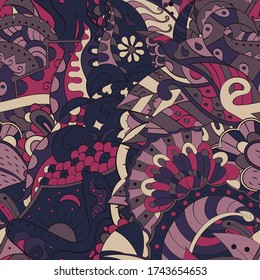 Tracery seamless pattern. Mehndi design. Ethnic colorful doodle texture. Curved doodling background. Vector