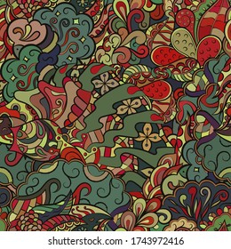 Tracery seamless pattern. Mehndi design. Ethnic colorful doodle texture. Curved doodling background. Vector