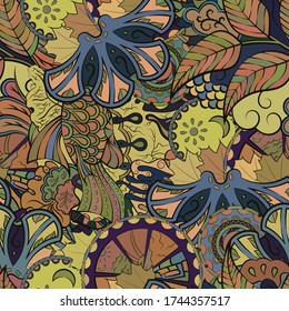 Tracery seamless pattern. Mehndi design. Ethnic colorful doodle texture. Curved doodling background. Vector