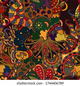 Tracery seamless pattern. Mehndi design. Ethnic colorful doodle texture. Curved doodling background. Vector