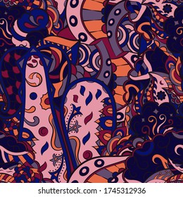 Tracery seamless pattern. Mehndi design. Ethnic colorful doodle texture. Curved doodling background. Vector