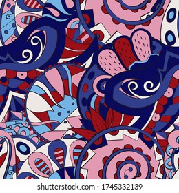Tracery seamless pattern. Mehndi design. Ethnic colorful doodle texture. Curved doodling background. Vector