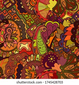 Tracery seamless pattern. Mehndi design. Ethnic colorful doodle texture. Curved doodling background. Vector