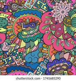 Tracery seamless pattern. Mehndi design. Ethnic colorful doodle texture. Curved doodling background. Vector