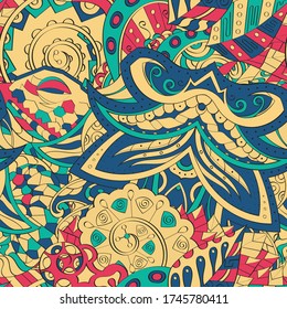 Tracery seamless pattern. Mehndi design. Ethnic colorful doodle texture. Curved doodling background. Vector