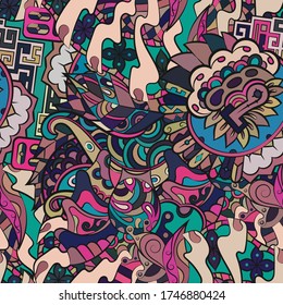 Tracery seamless pattern. Mehndi design. Ethnic colorful doodle texture. Curved doodling background. Vector
