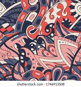 Tracery seamless pattern. Mehndi design. Ethnic colorful doodle texture. Curved doodling background. Vector