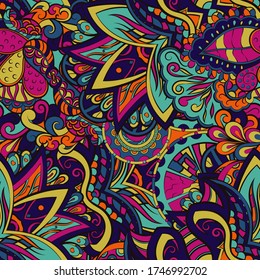 Tracery seamless pattern. Mehndi design. Ethnic colorful doodle texture. Curved doodling background. Vector