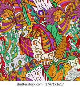 Tracery seamless pattern. Mehndi design. Ethnic colorful doodle texture. Curved doodling background. Vector