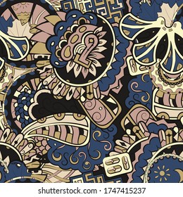 Tracery seamless pattern. Mehndi design. Ethnic colorful doodle texture. Curved doodling background. Vector