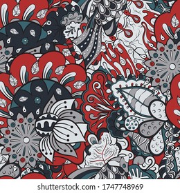 Tracery seamless pattern. Mehndi design. Ethnic colorful doodle texture. Curved doodling background. Vector
