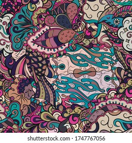 Tracery seamless pattern. Mehndi design. Ethnic colorful doodle texture. Curved doodling background. Vector