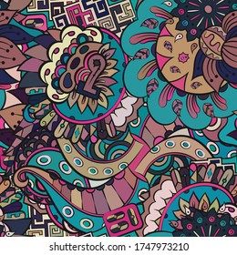 Tracery seamless pattern. Mehndi design. Ethnic colorful doodle texture. Curved doodling background. Vector