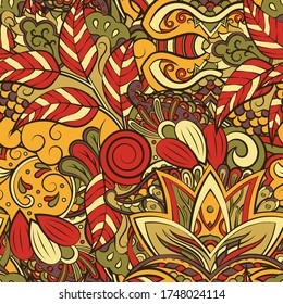 Tracery seamless pattern. Mehndi design. Ethnic colorful doodle texture. Curved doodling background. Vector
