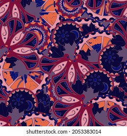 Tracery seamless pattern. Mehndi design. Ethnic colorful doodle texture. Curved doodling background. Vector