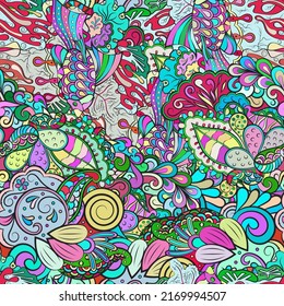 Tracery seamless pattern. Mehndi design. Ethnic colorful doodle texture. Curved doodling background. Vector
