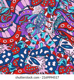 Tracery seamless pattern. Mehndi design. Ethnic colorful doodle texture. Curved doodling background. Vector