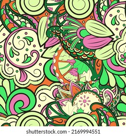 Tracery seamless pattern. Mehndi design. Ethnic colorful doodle texture. Curved doodling background. Vector