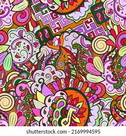 Tracery seamless pattern. Mehndi design. Ethnic colorful doodle texture. Curved doodling background. Vector