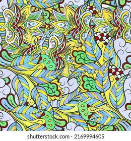 Tracery seamless pattern. Mehndi design. Ethnic colorful doodle texture. Curved doodling background. Vector