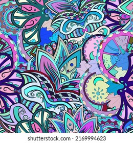 Tracery seamless pattern. Mehndi design. Ethnic colorful doodle texture. Curved doodling background. Vector