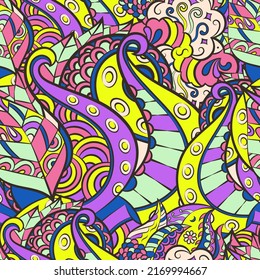 Tracery seamless pattern. Mehndi design. Ethnic colorful doodle texture. Curved doodling background. Vector