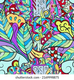 Tracery seamless pattern. Mehndi design. Ethnic colorful doodle texture. Curved doodling background. Vector