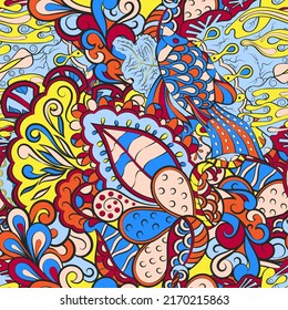 Tracery seamless pattern. Mehndi design. Ethnic colorful doodle texture. Curved doodling background. Vector