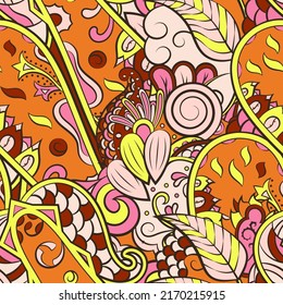 Tracery seamless pattern. Mehndi design. Ethnic colorful doodle texture. Curved doodling background. Vector