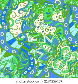 Tracery seamless pattern. Mehndi design. Ethnic colorful doodle texture. Curved doodling background. Vector
